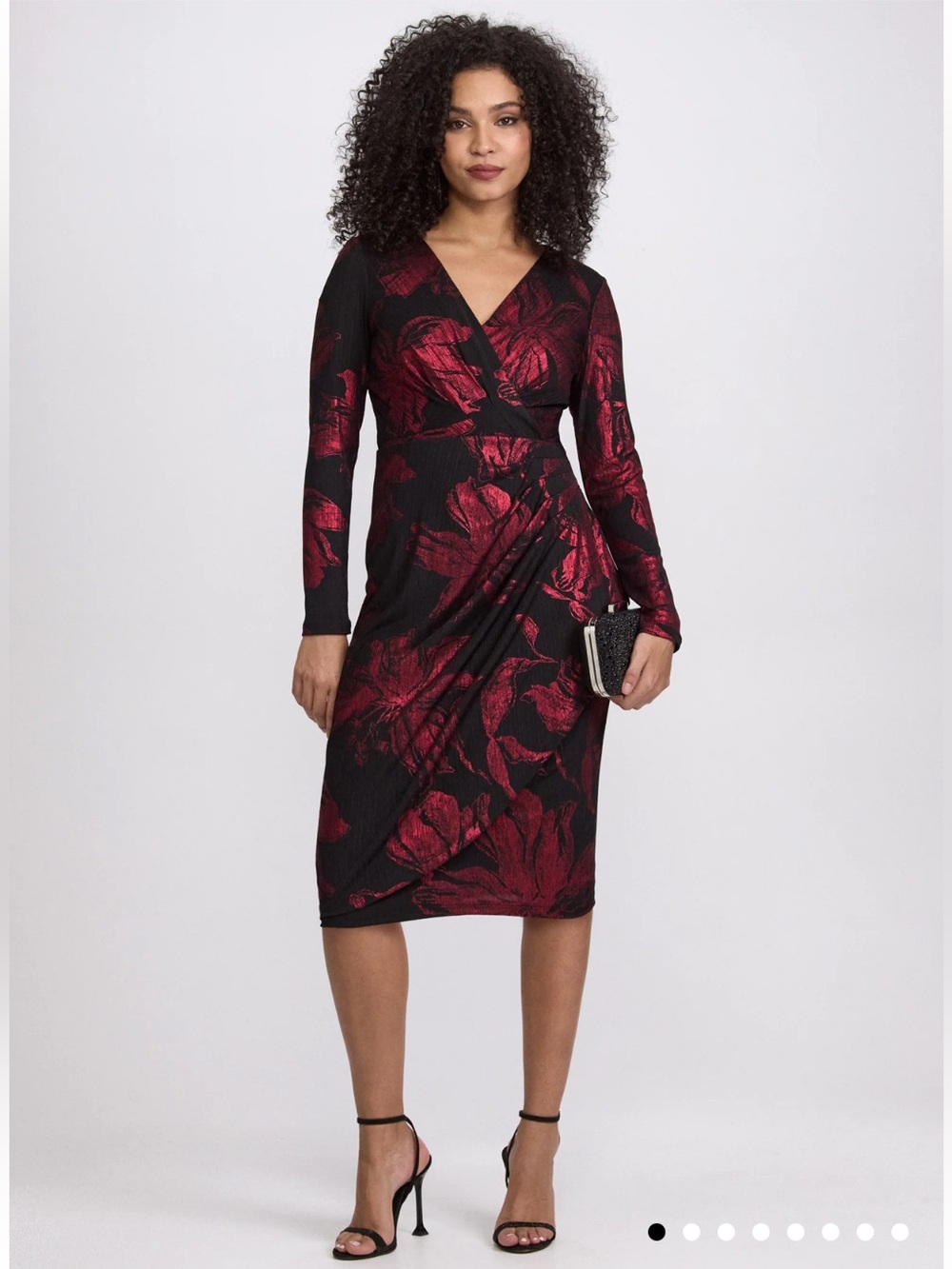 Laura - Elegant Metallic Floral Wrap Midi Dress